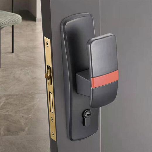 Huili customized silent door lock luxury bedroom door lock universal solid wood door handle black gold straight push door lock XF01 gray red (free hinge door latch) 35-50mm universal type with key