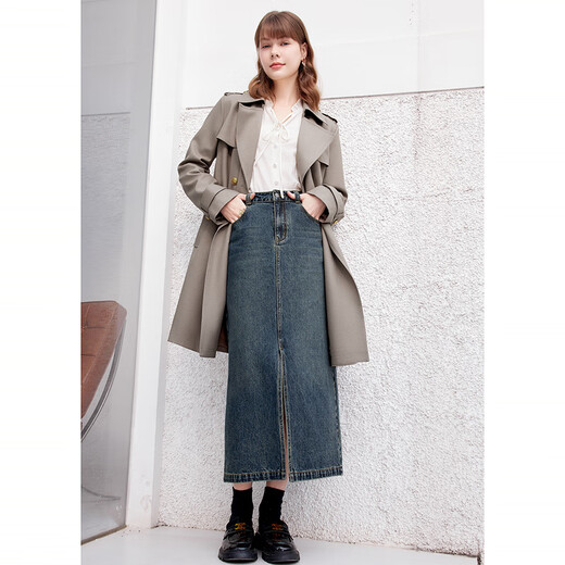 Betu nuevo cortavientos de primavera para mujer, cortavientos de longitud media con solapa delgada retro británica para mujer 2401T50 color avena M