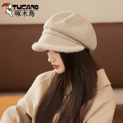 Woodpecker beret for women in autumn and winter, big head circumference, small velvet to keep warm, Japanese style duck cap, plain plush bucket hat, beige, one size fits all (hat circumference 54-60cm)