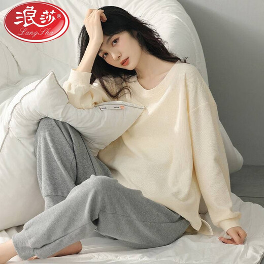 
LangSha (LangSha) Spring and Autumn Soft and Comfort Women's Pajamas Long Sleeve Trousers Cotton Can be worn on the outside round neck casual home clothing set XB9923 M Women