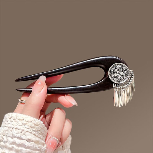 Bai Shilin's new Chinese style flower double inserted U-shaped hairpin for women, antique black sandalwood tassel hairpin 520 Valentine's Day gift for girlfriend, hairpin + exquisite gift box