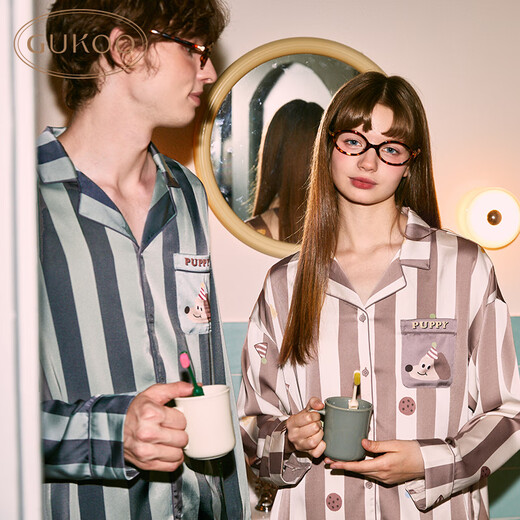 Gukoo Couple Pajamas Spring and Autumn Style Boom Boom Puppy Maillard Simple Striped Women's Long Sleeve Cartoon Men's Home Clothing A Striped Puppy Couple Suit S Women