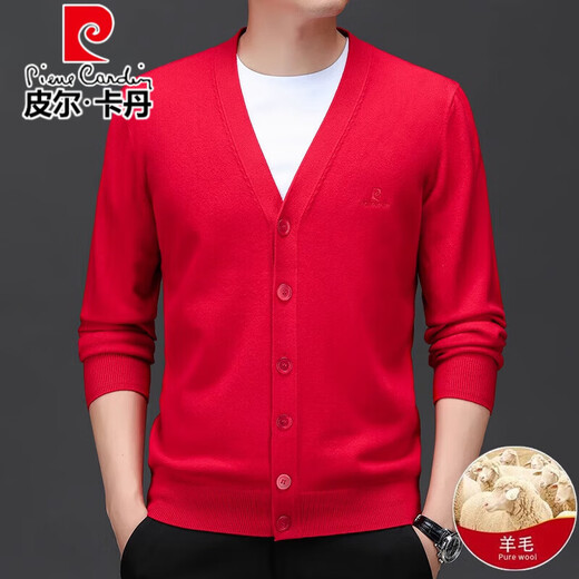 Pierre Cardin high-end wool knitted cardigan for men 100% wool autumn and winter 2025 new velvet thickened warm base sweater beige L 175/92A