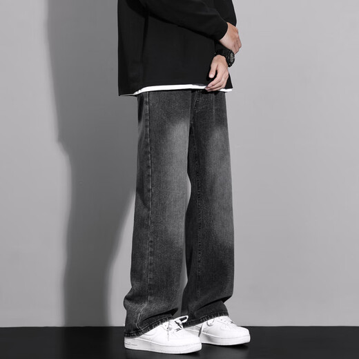 MAYBEYOND jeans men's American fashion brand high street workwear straight pants loose casual wide leg pants MA46 smoke black L
