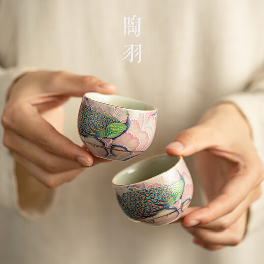 Pottery feather enamel color national trend peacock kung fu tea set one pot two cups household teapot ceramic small set tea set tea set national trend peacock rhyme Longdan teapot 3 pieces