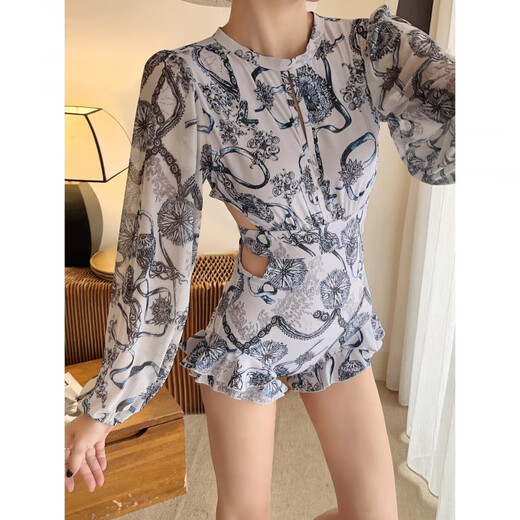 She and other new light mature style women's swimsuit long-sleeved sun protection slimming hot spring swimsuit white L 98-110Jin Jin equals 0.5 kg