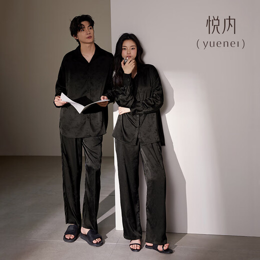 Yuenei couple pajamas for women spring and summer ice silk long-sleeved home clothes for men spring and autumn black high-end suit 32014 ink dyed black men's L (male 110-140 Jin Jin equals 0.5 kg / female 110-120 Jin Jin equals 0.5 kg)