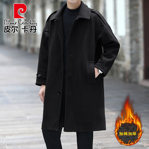 Pierre Cardin autumn and winter new trendy men's thickened mid-length windbreaker casual woolen coat loose and handsome woolen coat cotton black thickened M