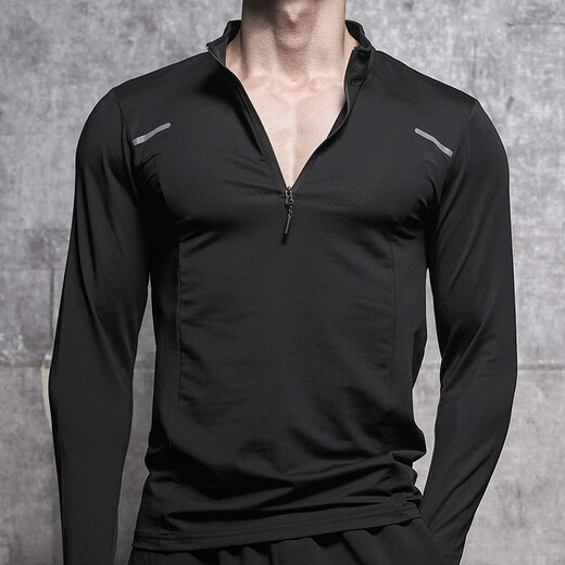 Lutielang Long Sleeve T-Shirt Cycling Suit Men's Running Sports Fitness Training Stand Collar Half-Zip Coach Quick-Drying Clothing Black L