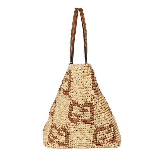 Gucci (GUCCI) Women's Medium Brown Raffia Effect Fabric GG Graphic Underarm Shoulder Bag 8182229AAGM9767 26x28x26cm