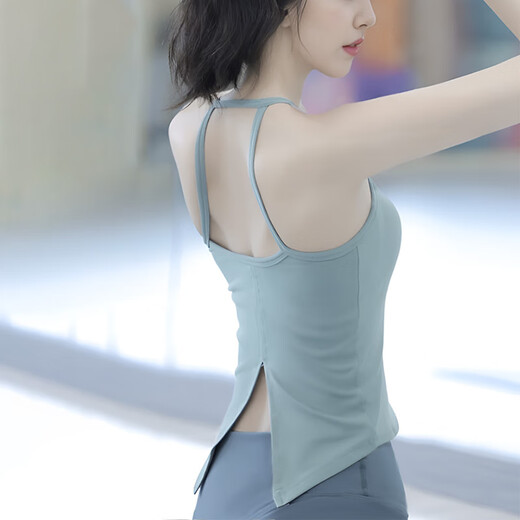 Shuangxiu yoga top vest for women with chest pads for sports Pilates halterneck blue sling to cover belly fitness suit for outer wear mint blue top L(110-120)