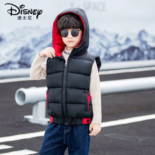 Disney boys down cotton vest outer wear 5 vest 6 autumn and winter 7 child boy vest thickened jacket 8 years old style black (21 color hooded vest) 140 size (recommended height is about 130)