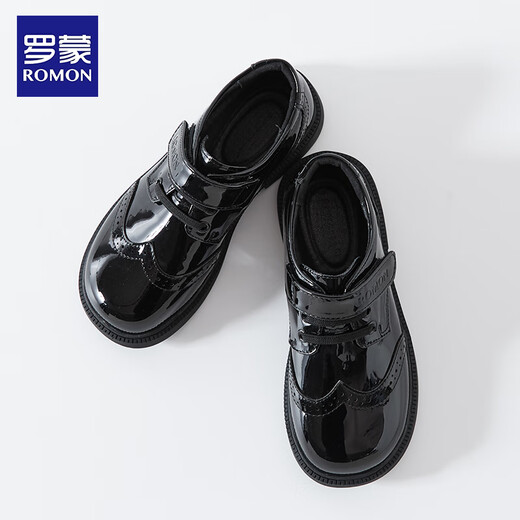 Romon boys' leather shoes black soft sole British style student performance shoes children's performance big children's suit shoes black 38