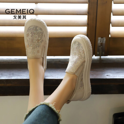 GOMEQI thick-soled fisherman's shoes for women 2024 summer new style lazy slip-on cloth shoes mesh lace breathable casual shoes for women khaki 37