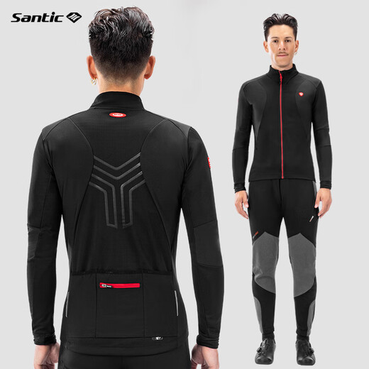 Santic autumn and winter fleece warm cycling jersey long-sleeved jacket road mountain bike top men Langs black M