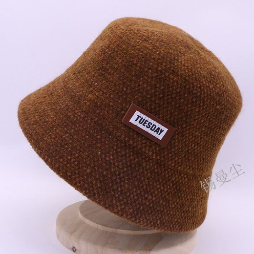 Tin Manchen Hat Women's Autumn and Winter New Fisherman Hat Wool Blended Warm and Coldproof Small Leather Label Casual Knitted Fishman Hat Khaki One Size