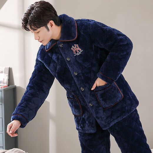 
Modallo men's pajamas in winter coral velvet three-layer cotton thickened velvet autumn and winter flannel warm home clothing set C9903# blue men's milk velvet L 100-125Jin[Jin equals 0.5 kg]