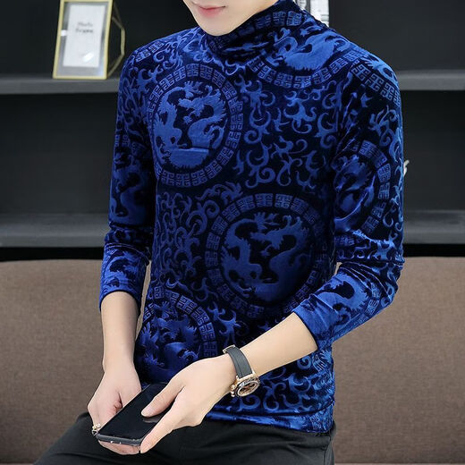 NUKM金丝绒男士长袖T恤秋冬季半高领打底衫潮流帅气潮保暖加绒加厚潮 黑色 2XL 135-150斤左右