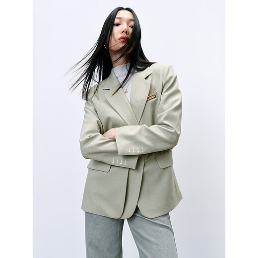 PEACEBIRD Women's Spring 2024 Double-Breasted Suit A1BAE1202 Gray Green S