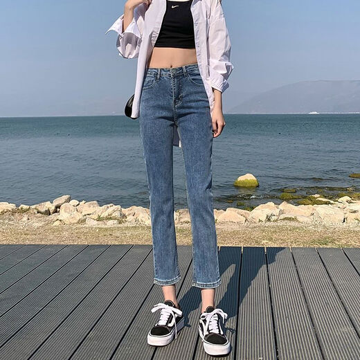 PMOG高腰显瘦直筒牛仔裤女秋冬ins小个子九分裤弹力百搭烟管裤子 黑色#757 S