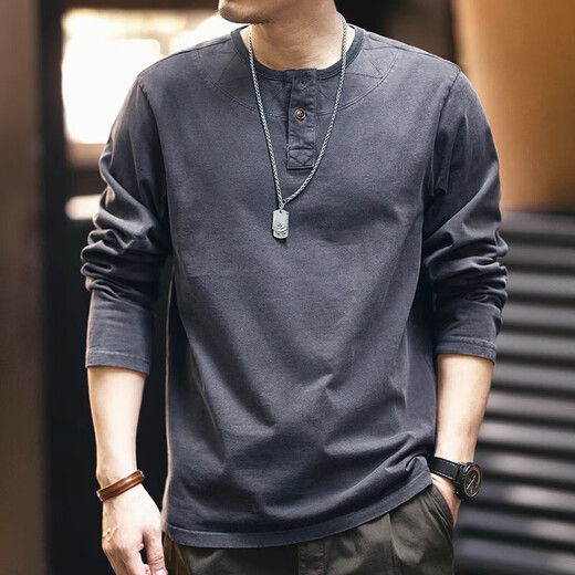 Fat Brother high-end retro long-sleeved T-shirt men's autumn loose large size pure cotton tough guy casual Henry collar bottoming shirt tops Glacier Gray XL (suitable for 145-160 Jin Jin equals 0.5 kg)