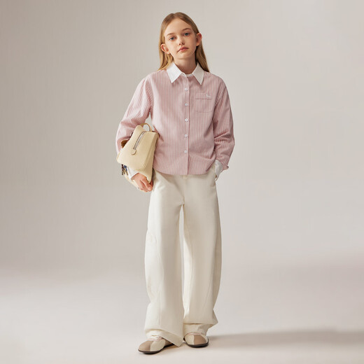 ELLE KIDS Children's Clothing Contrast Stripe Embroidered Shirt Girls Autumn New French Classic Fresh Top Pink and White Strips 150