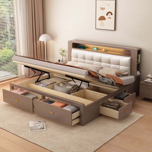 
Yu Feiqi Nordic Solid Wood Bed Double Bed Multi-function High Box Night Light Storage Charging Bed 9901# Bed + Environmentally friendly Brown Pad [0 Glue] 1.5*2.0m (high box with tail withdrawal)
