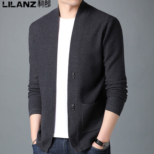 Lilang men's coat cardigan sweater outer loose wool men's sweater spring and autumn wool outer shawl black 170/L