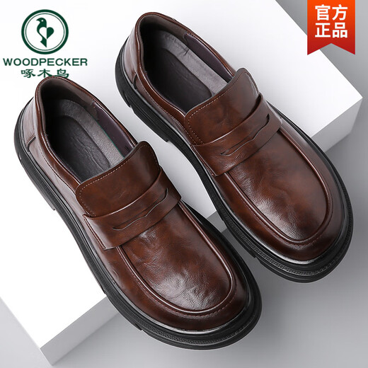 Woodpecker laceless brown men's shoes spring 2025 new large-head business casual leather shoes full-color wide-head loafers GX9923 black 38