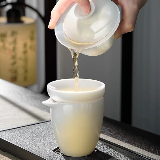 JM Dehua White Porcelain Tea Set Mutton Fat Jade Covered Bowl Sancai Not Hot Hovering White Porcelain Tea Bowl Kungfu Tea Set He Ming Covered Bowl (170ml) 0 pcs