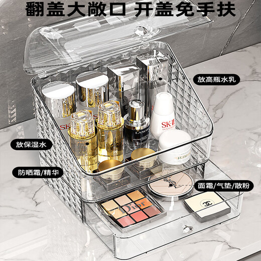 Buxinju Transparent Acrylic Cosmetics Storage Box Dust-proof Covered Desktop Dressing Table Skin Care Product Storage Rack Divider Box/Transparent Silver Can be stacked with drawers
