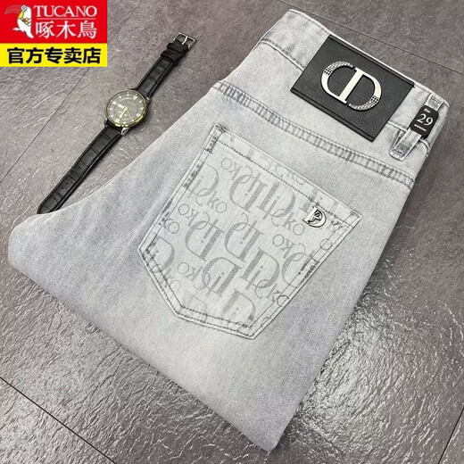 啄木鸟（TUCANO）潮牌高端欧货牛仔裤男夏季浅色刺绣弹力修身小脚轻奢灰白色长裤子 亿牛9906蓝色 35