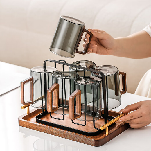 MIDOC high borosilicate glass household tea cup for guests, high-end green tea cup, water cup set, drinking cup, water set, high-looking soot wooden handle cup * 6 + black frame + portable tray