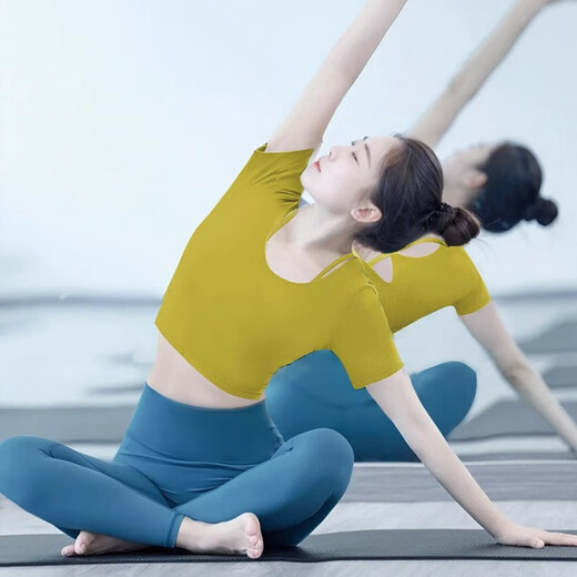 Shuangxiu Dopamine Yoga Wear 2025 New Style with Breast Pad, Beautiful Short Sleeve Professional Pilates Advanced Fitness Top for Women, Lilac Top + Haiyueyan Pants Set L 110-120Jin Jin is equal to 0.5 kg