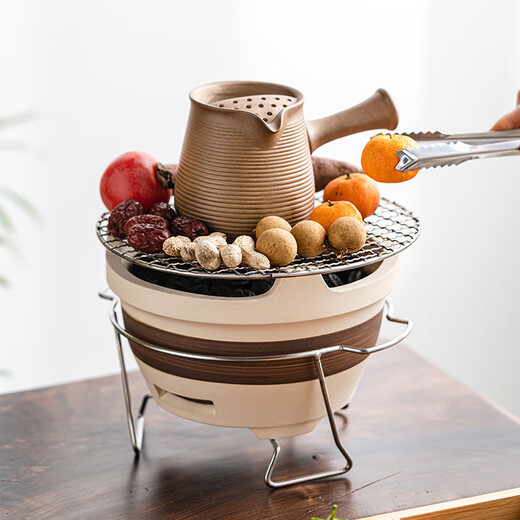 Fu Jian BBQ stove, tea-cooking stove set, outdoor charcoal stove, barbecue and heating, household indoor stove, 24CM extra large complete set (ceramic stove + grilling net + iron frame)