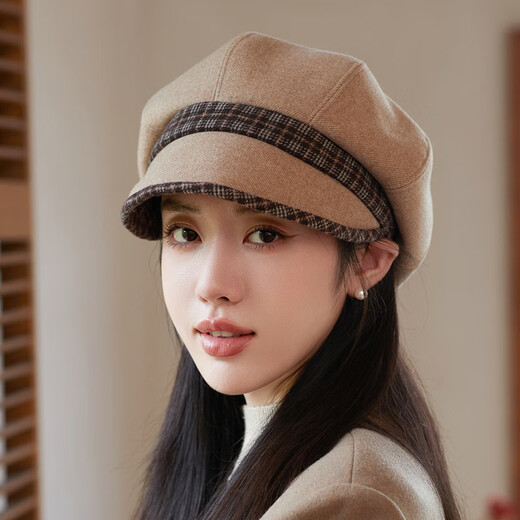 Jimmy Leaf Octagon Hat Women's Autumn and Winter Peaked Hat Season Korean Style Elegant Fashion Versatile Fashion Hat Beret British Temperament Trendy Khaki Color One Size