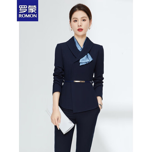 ROMON work clothes, professional suits for women, spring and autumn formal wear, hotel manager front desk jewelry store work clothes, professional suits for women, long-sleeved suit + pants (navy blue) L