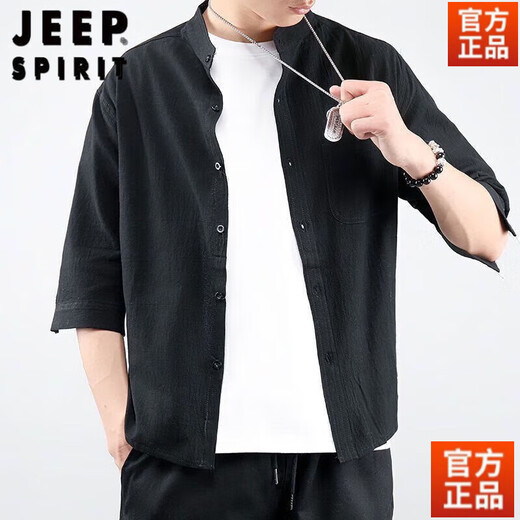JEEP SPIRIT亚麻衬衫男短袖衬衣宽松大码男装中国风棉麻半袖男士休闲外套上衣 七分 袖 白色1020 2XL 145-160斤