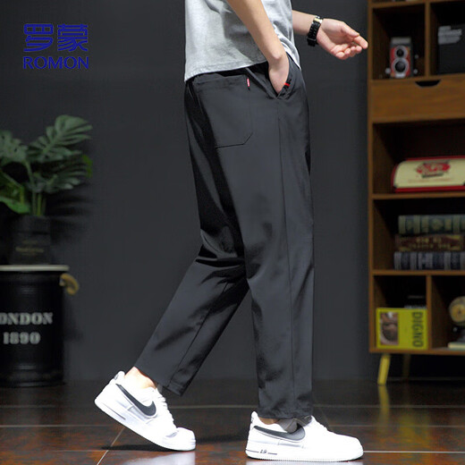 ROMON casual pants men summer trendy sports stretch straight pants men ice silk quick-drying nine-point pants men black XL