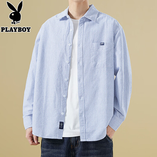 Playboy spring and autumn pure cotton light blue vertical striped long-sleeved shirt men's trendy loose casual handsome shirt jacket men's gray XL weight recommended 135-150Jin Jin equals 0.5 kg