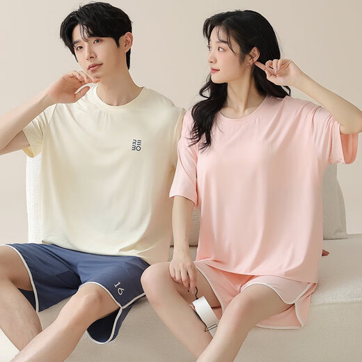 莫代尔夏季男士睡衣男情侣款女士带胸垫短袖短裤夏天凉感休闲家居服套装 01N15801女 01N15601男 XL 男- 120-140斤