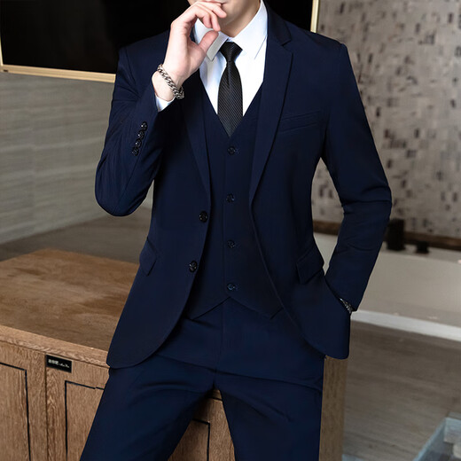 Playboy (PLAYBOY) men's suit Korean version of business professional formal groomsmen slim graduation dress wedding suit three-piece suit for men two-button black suit + pants with waist tie 6XL