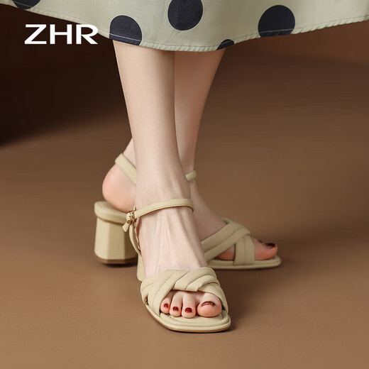 
ZHR Sandals for women in summer elegant one-length strap thick heels for women gentle solid color high heels for women Y683 light yellow 37