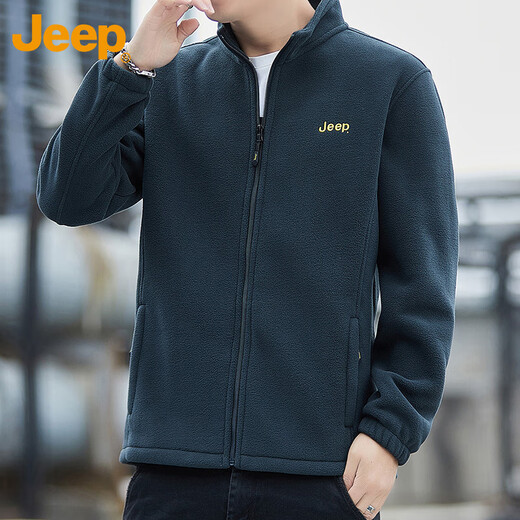 JEEP Sweater Men's Autumn and Winter Polar Fleece Thickened Warm Cardigan Jacket Men's Loose Stand Collar Men's Gray Green 2XL