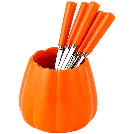 Durable fruit fork, household stainless steel fruit picks, dessert fork, coffee spoon set, storage fork, creative light luxury style, 1 can + 6 forks, avocado green