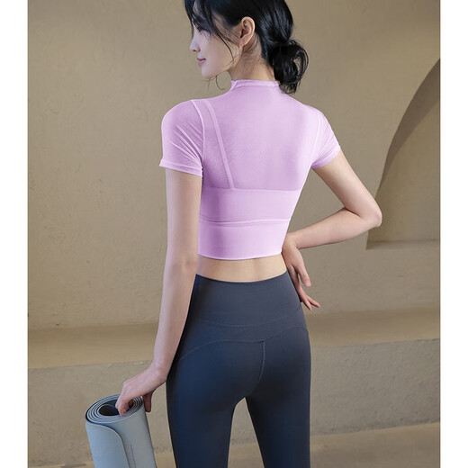 Yoga suit with chest pad for women summer Pilates fitness running suit sports suit short sleeve black top + gray trousers S S80-95Jin Jin equals 0.5 kg