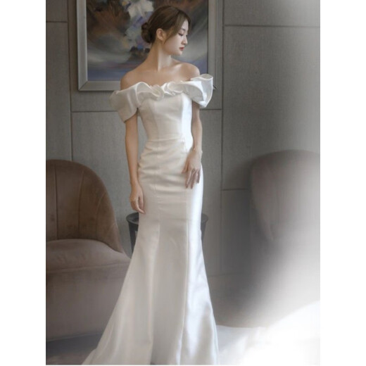 Chuangjingyi chooses light wedding dress, one-shoulder French light wedding dress, satin temperament, fishtail for bride, slimming, small tail, white S