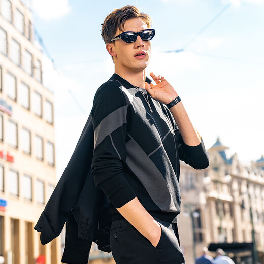 Mr. Bu Camiseta de lana con cuello redondo y manga larga lavable a máquina para hombre en color de contraste suéter de lana con diseño artístico jacquard de otoño PT15557 negro piano 2XL (185)