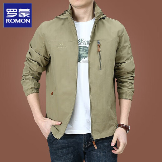 
ROMON brand/outdoor men's jacket in autumn and winter new style middle-aged and young men's jacket solid color hooded jacket men's clothing 9898 khaki plus velvet size is small M