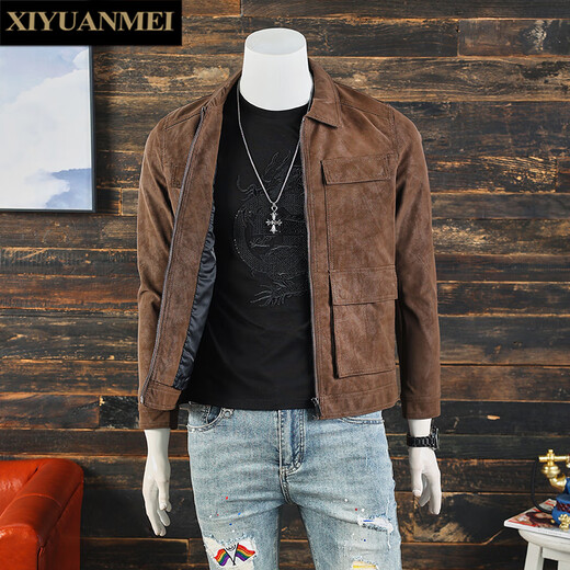 Nishihara Beauty Fashion Brand Fashion Multi-Pocket Lapel Leather Jacket Men's Jacket 2024 New European Slim Fit Versatile Leather Jacket Trendy Khaki L